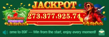 89F app live jackpot banner showing Rs 273,377,925.74 with Money Coming slot and animated character