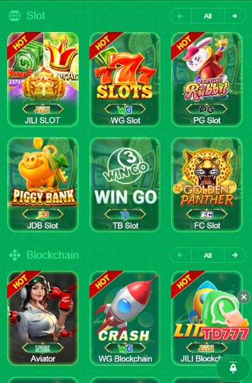 TD777 game lobby showing slot games and casino options