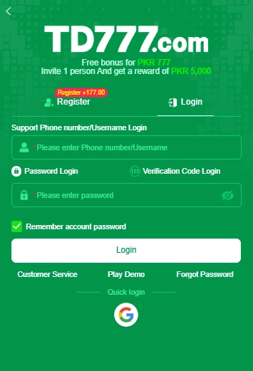 TD777 login screen for existing users