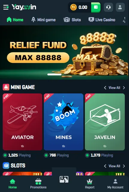 Yaywin app dashboard with mini games like Aviator, Mines, and Javelin