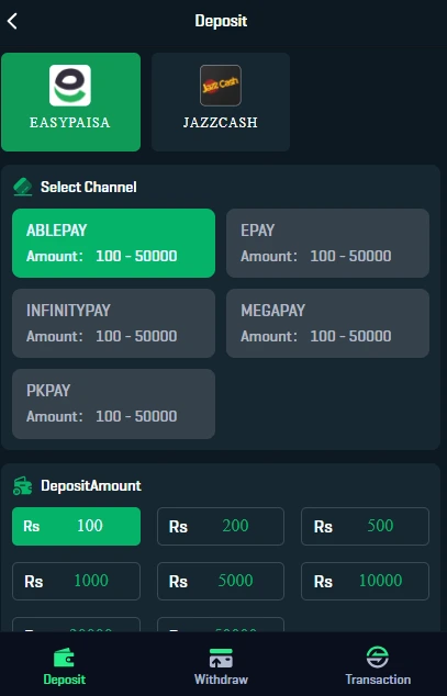 Yaywin deposit screen showing JazzCash and Easypaisa wallet options for adding funds