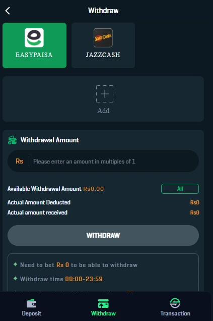 Yaywin withdrawal screen showing options to withdraw via JazzCash and Easypaisa