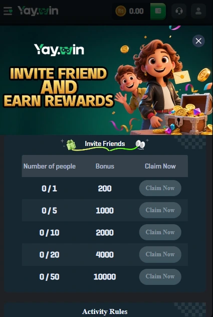 Invite friends to Yaywin app and earn bonus rewards through referral program