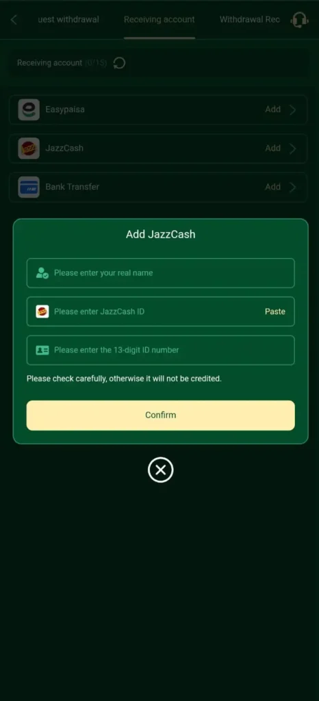 Withdraw money from 89F Game using JazzCash mobile wallet in Pakistan