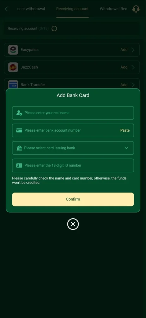 89F Game bank transfer option with account number and title for direct deposit