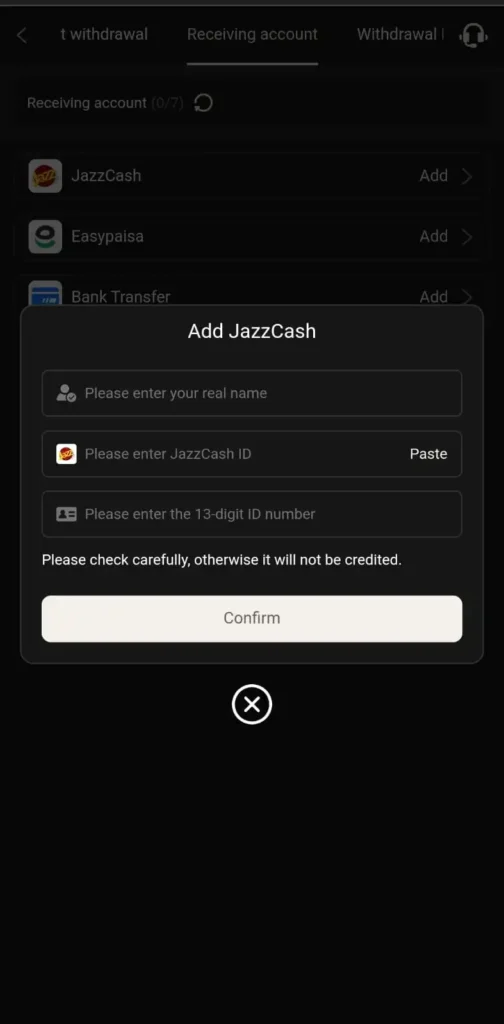 Add JazzCash withdrawal account with name, number, and CNIC