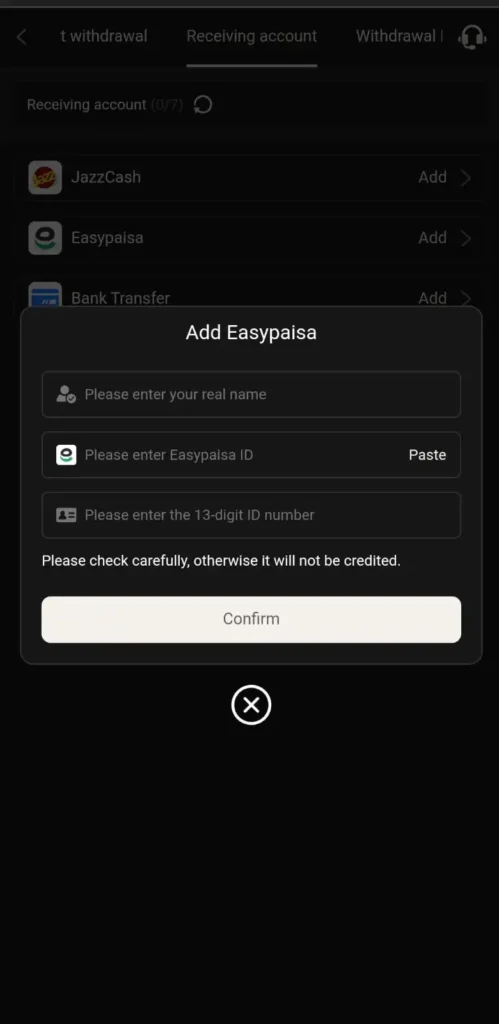Add Easypaisa account for withdrawal with real name, ID, and CNIC