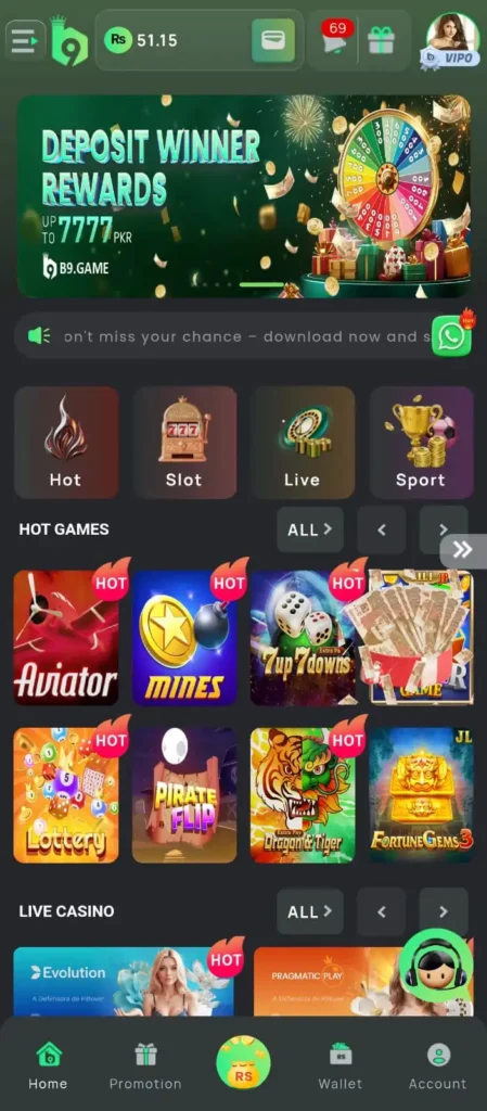 B9 Game app dashboard with popular games and user balance
