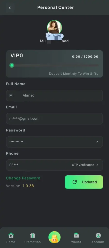 B9 Game registration and login screen showing Personal Center and version 1.0.38