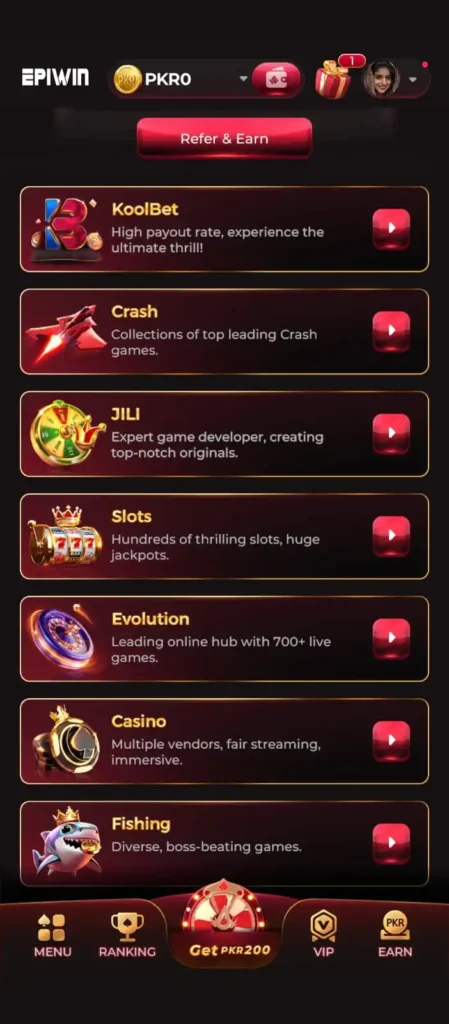 Popular casino and card games on Epiwin app including Jili, Crash, and Slots