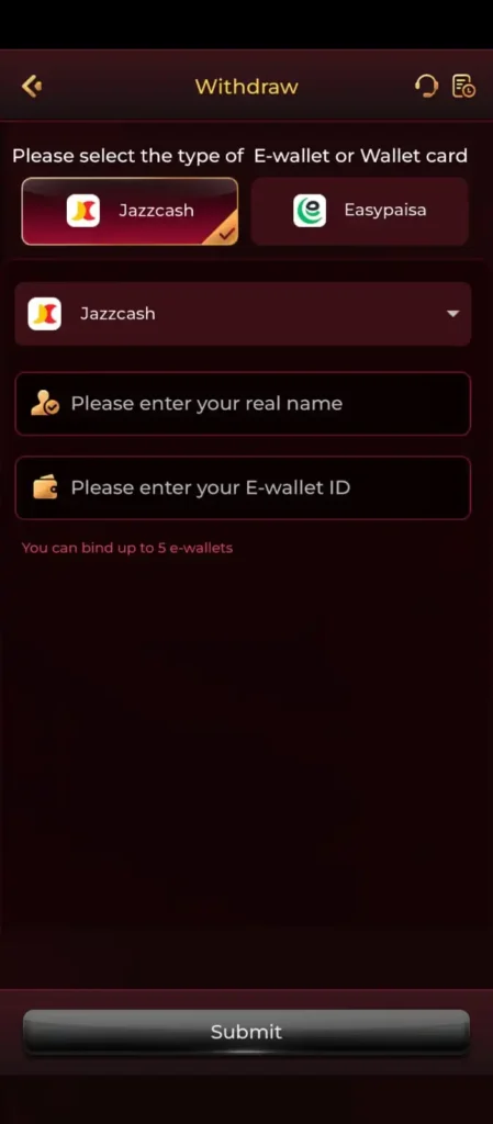 Epiwin withdrawal interface with JazzCash selected as the payment method