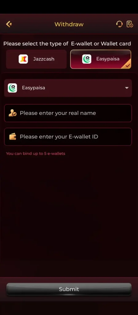 Epiwin withdrawal interface with Easypaisa selected for real money transfer