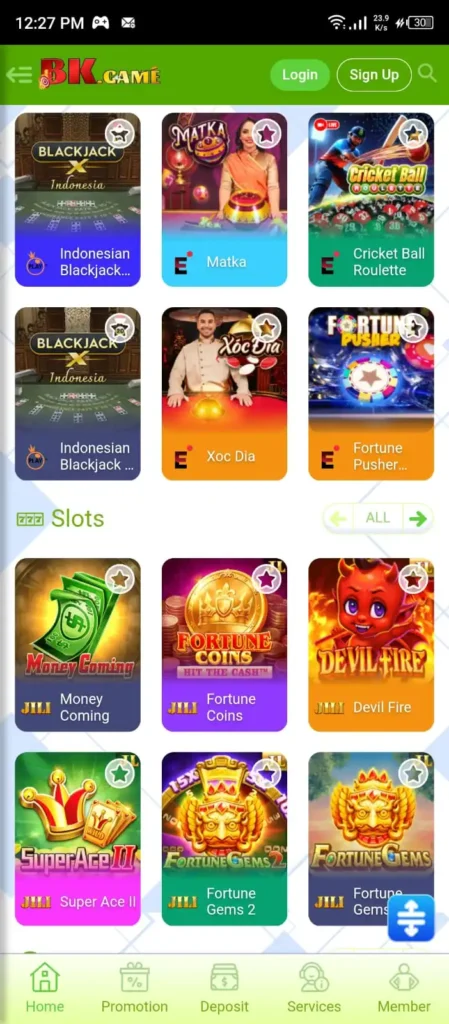BKGame Live Casino lobby with card and table game options