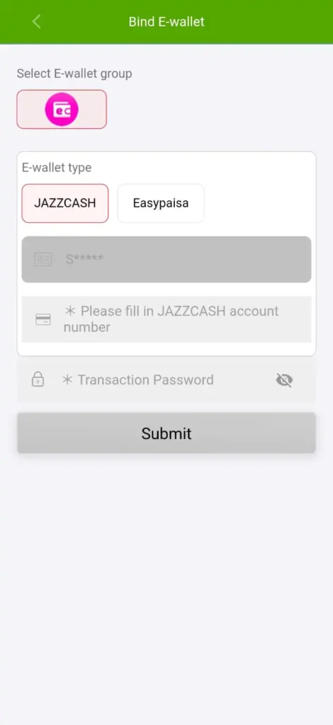 Bind eWallet option in BK Game to connect JazzCash or Easypaisa account