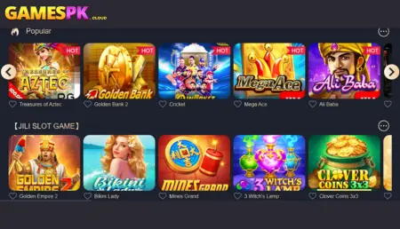 Gamespk app lobby showing popular games like Golden Bank 2, Cricket, Mage Ace, and Ali BABA