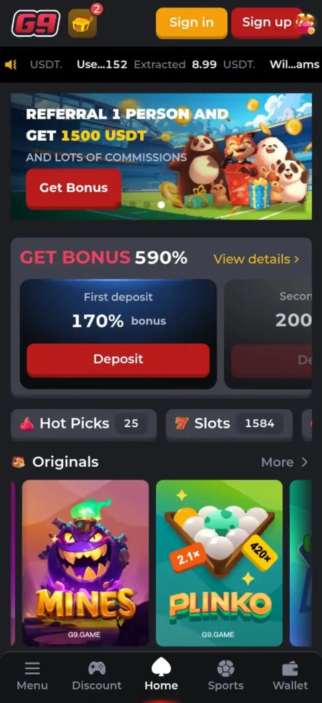 G9 Game app homepage with bonus offers, Mines and Plinko games in Pakistan