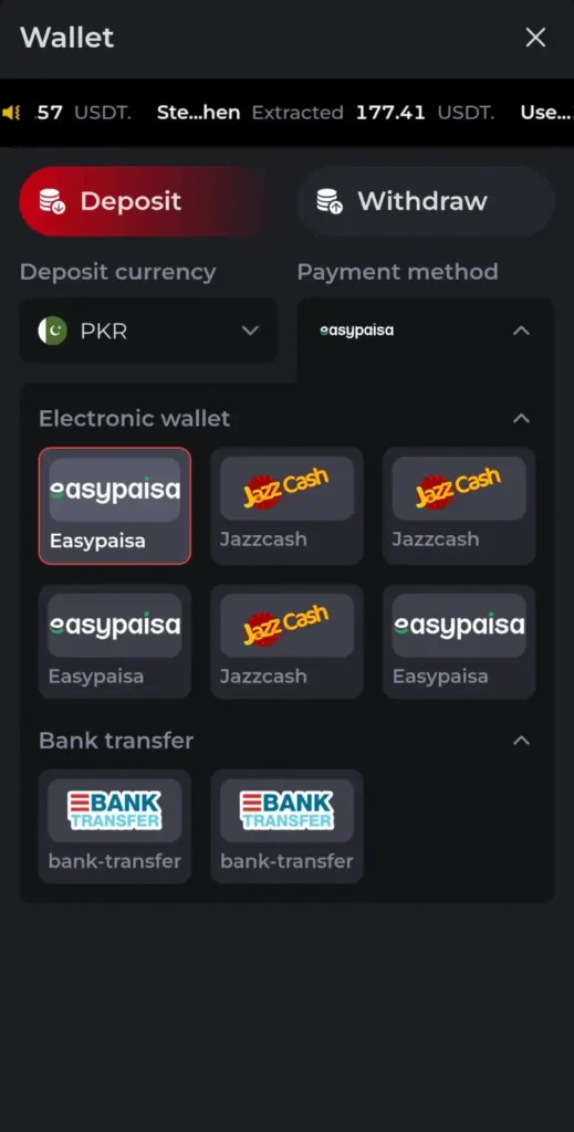 G9 Game wallet screen showing Easypaisa, JazzCash, and bank transfer options in Pakistan