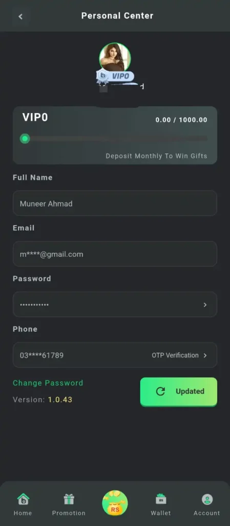 B9 Game registration and login screen showing Personal Center and version 1.0.45