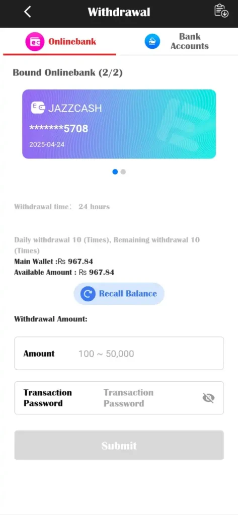 Gamespk withdrawal screen showing JazzCash, Easypaisa, and Bank transfer options for Pakistani users