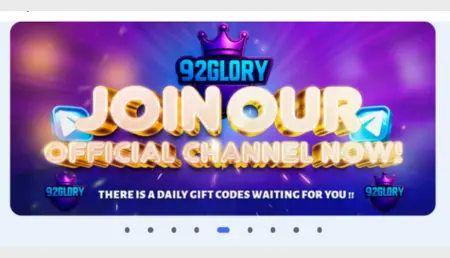 Official 92Glory Game banner showing logo, join channel CTA, and daily gift code offer