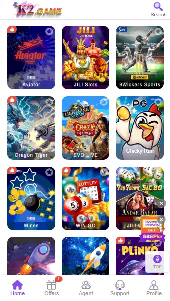K2 Game app lobby with casino, card, and spin games