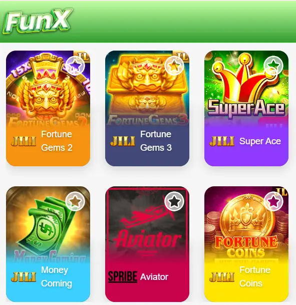 Popular casino games in FUNX 88 App including Fortune Gems, Super Ace, Aviator.