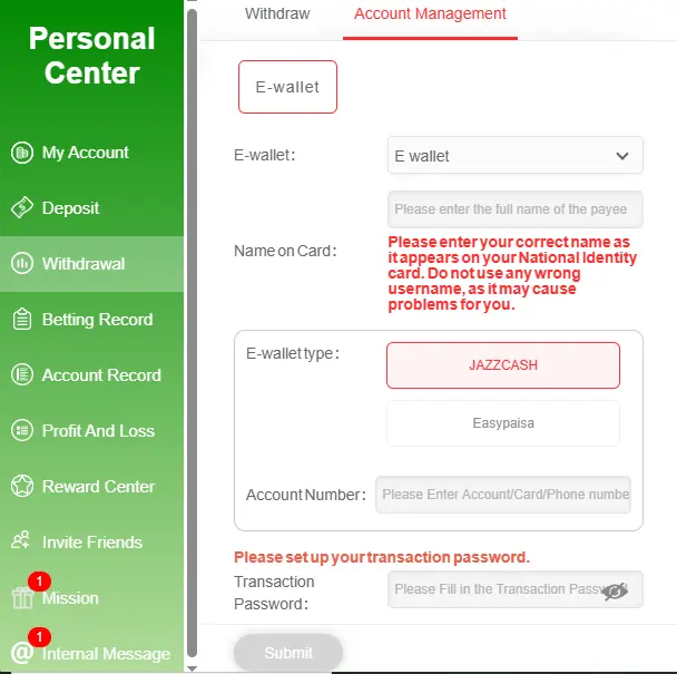FUNX 88 withdrawal form using JazzCash and Easypaisa in Pakistan.