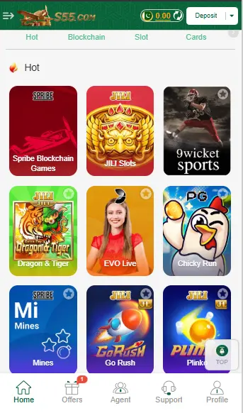 S55 Game app lobby showing categories like Hot, Slots, Blockchain, and live games