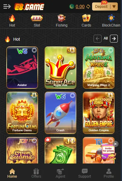 E8.Game lobby with Hot, Slot, Cards, Aviator, Mahjong Ways 2 and Crash games