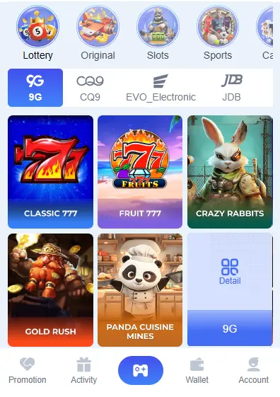 92 Glory Game Lobby Interface Showing Classic 777, Fruit 777, Crazy Rabbits & More