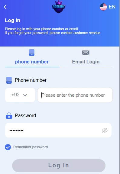 92Glory Game login screen with phone number and password entry