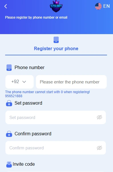 92Glory Game registration form asking for phone number and password setup