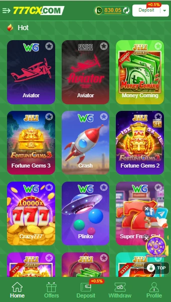 Lobby of 777CX Game app showing Money Coming, Aviator, Crash and Fortune Gems earning games in Pakistan