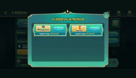SalamBet withdrawal screen with JazzCash and Easypaisa options