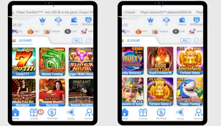 JQ777 Game APK home screen showing slot games, blackjack, and spin features