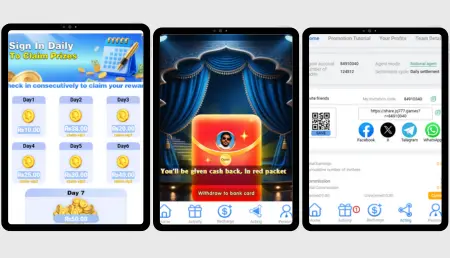 JQ777 Game daily login rewards, red cash packet, and referral interface