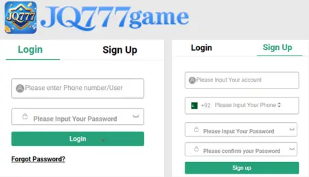 JQ777 Game login and registration screen for Pakistani users