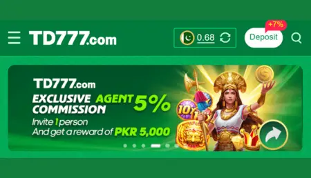 TD777 online gaming platform banner highlighting agent commission bonus and PKR rewards for Pakistan users