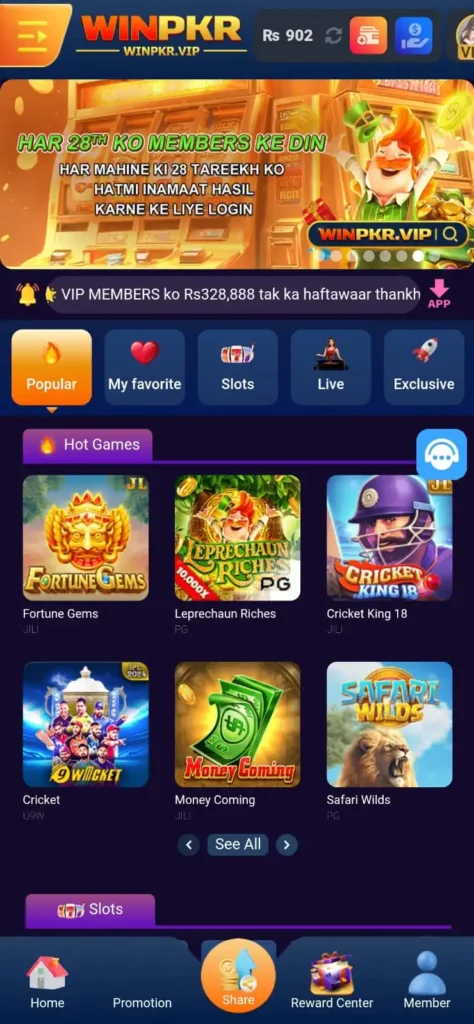 WINPKR Game Homepage with Popular Slots and VIP Rewards in Pakistan