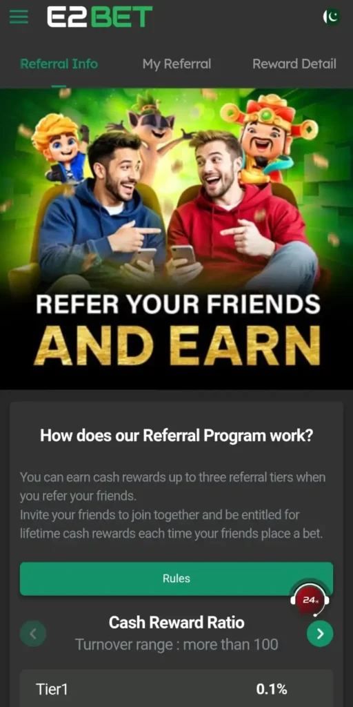 E2BET referral program banner for earning cash by inviting friends