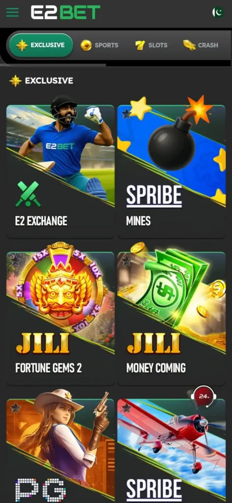 E2BET Pakistan game lobby showing hot games and slot categories