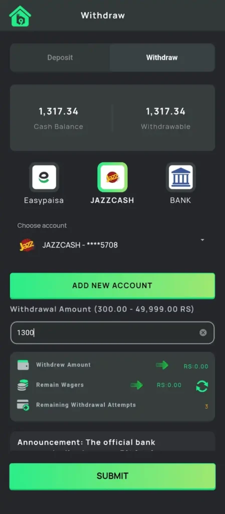 B9 Game app withdrawal page showing JazzCash selected for Rs. 1300.