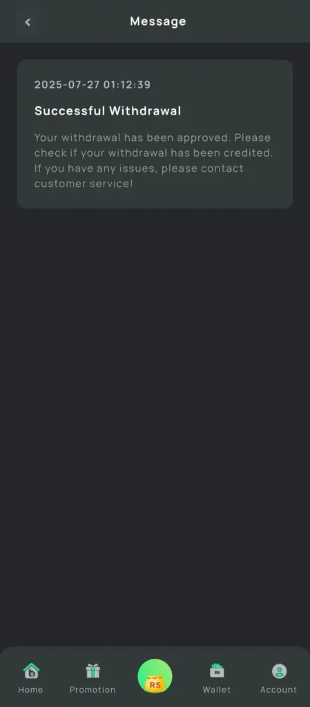 Successful withdrawal confirmation message from B9 Game app.