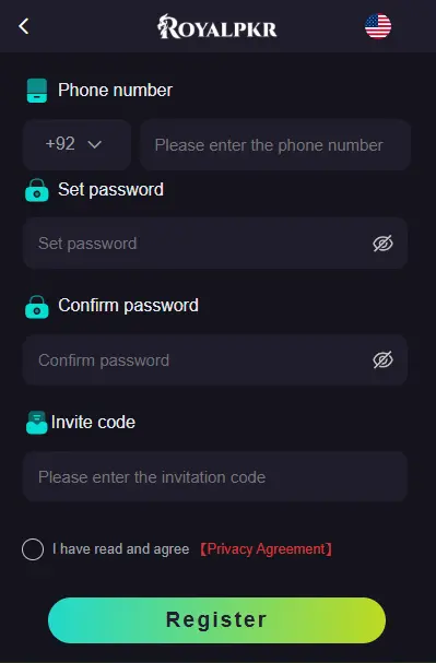 Royal PKR Game registration screen to create account and earn real money in Pakistan