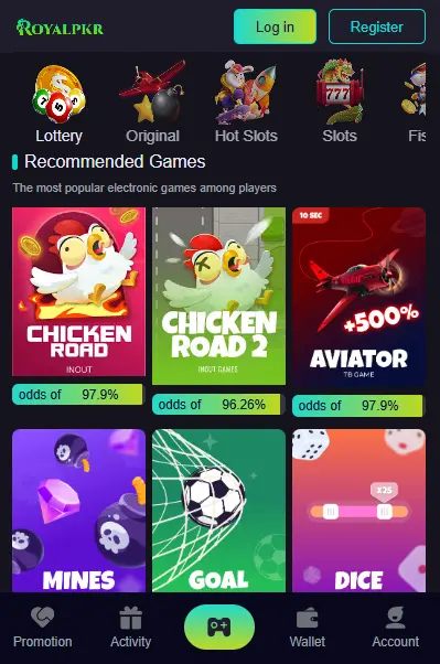 Royal PKR Game interface showing top earning games in Pakistan like Chicken Road and Aviator