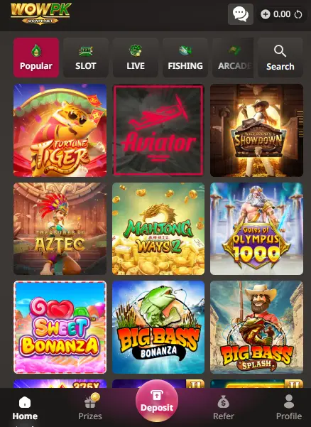 WOW PK Game lobby showing slot games like Aviator and Fortune Tiger