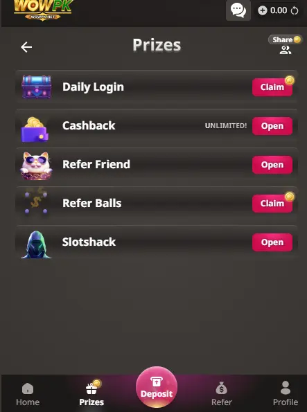 WOW PK Game daily bonus rewards and referral offers