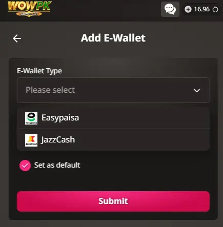 WOW PK Game withdraw page showing JazzCash and Easypaisa options