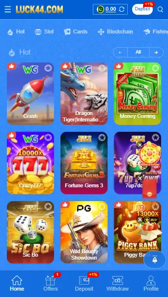 Luck44 Game lobby showing Crash, Dragon Tiger, Money Coming, Crazy777 and more games.