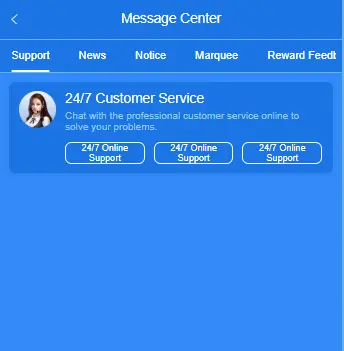 Luck44 Game customer service screen offering 24/7 support in Pakistan.